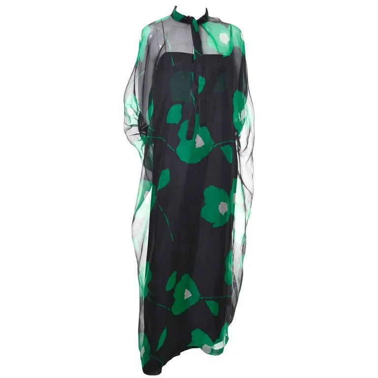 1980's Black and Green Floral Organza Vintage Dress and Caftan Custom Isabell Gerhart