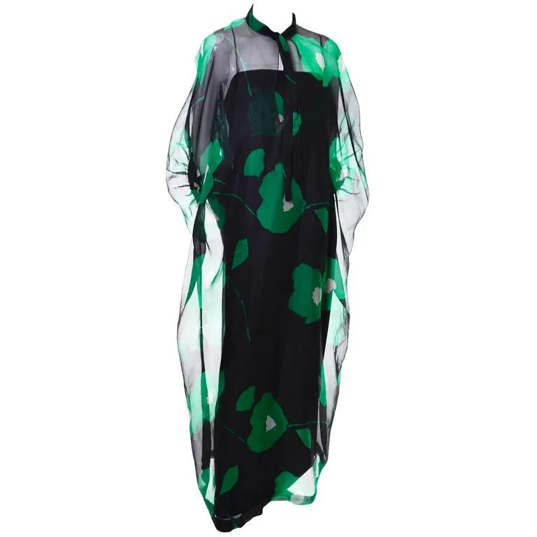 1980's Black and Green Floral Organza Vintage Dress and Caftan Custom Isabell Gerhart