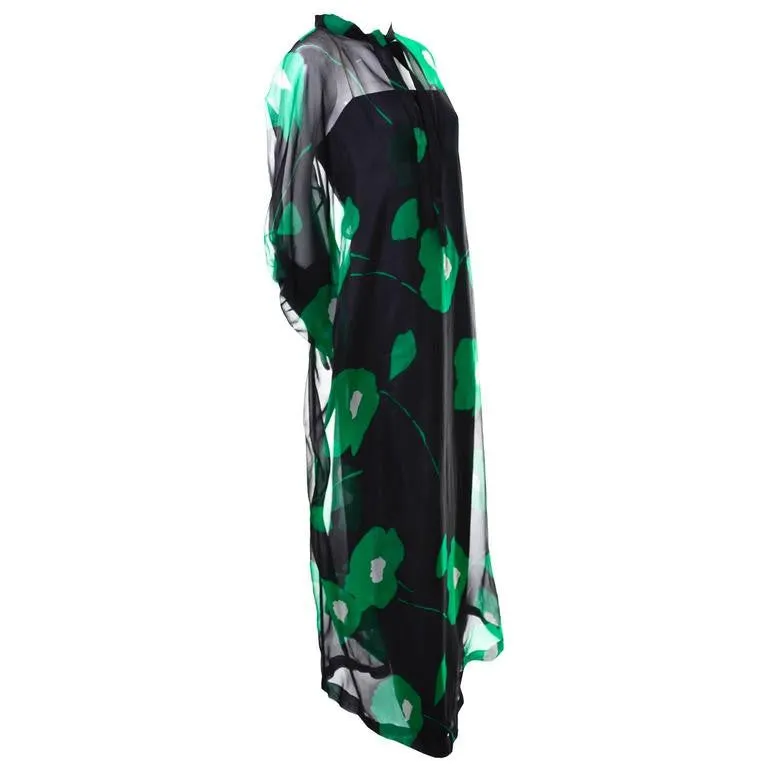 1980's Black and Green Floral Organza Vintage Dress and Caftan Custom Isabell Gerhart