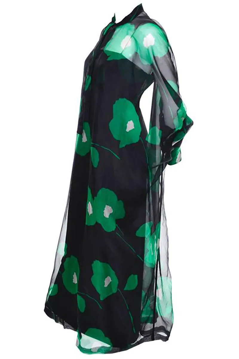 1980's Black and Green Floral Organza Vintage Dress and Caftan Custom Isabell Gerhart