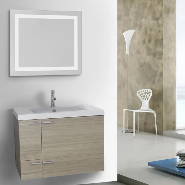 31 Inch Larch Canapa Bathroom Vanity with Fitted Ceramic Sink, Wall Mounted, Lighted Mirror Included