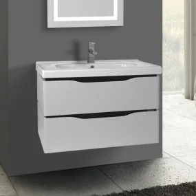 31 Inch Wall Mounted White Vanity Cabinet With Fitted Sink