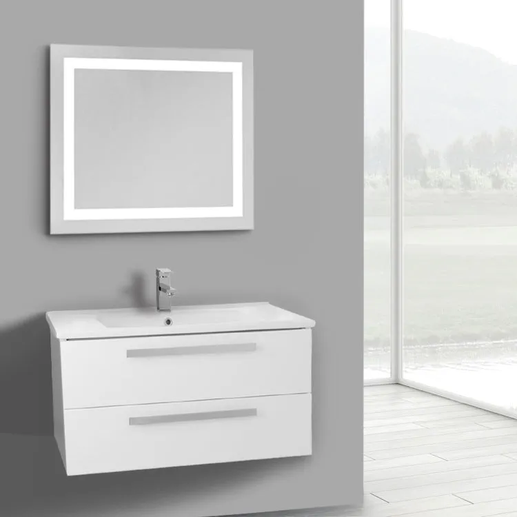 33 Inch Glossy White Wall Mount Bathroom Vanity Set, 2 Drawers, Lighted Mirror Included