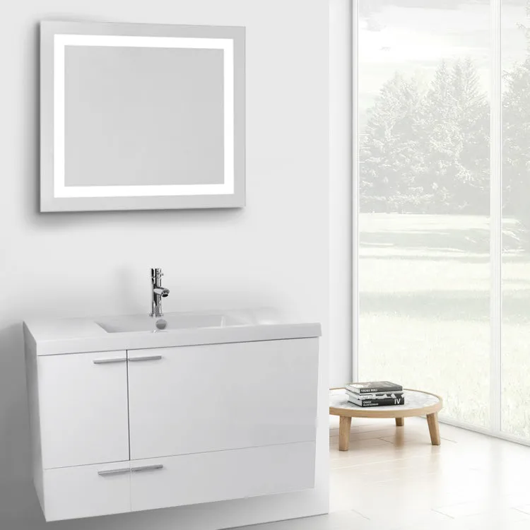 39 Inch Larch Canapa Bathroom Vanity with Fitted Ceramic Sink, Wall Mounted, Lighted Mirror Included