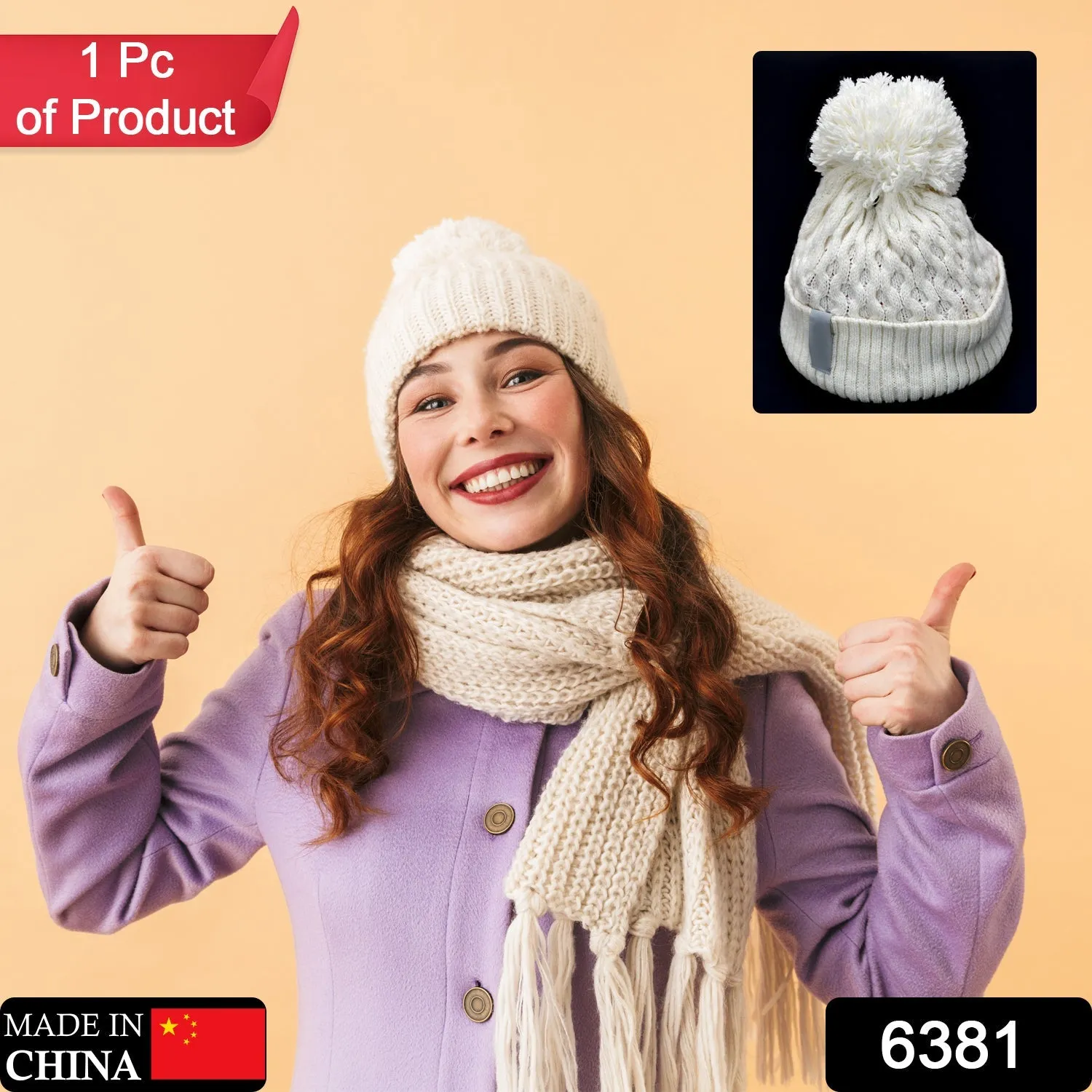 6381 Woollen Skull caps with Fur for Girls and Women ( 1 pcs )