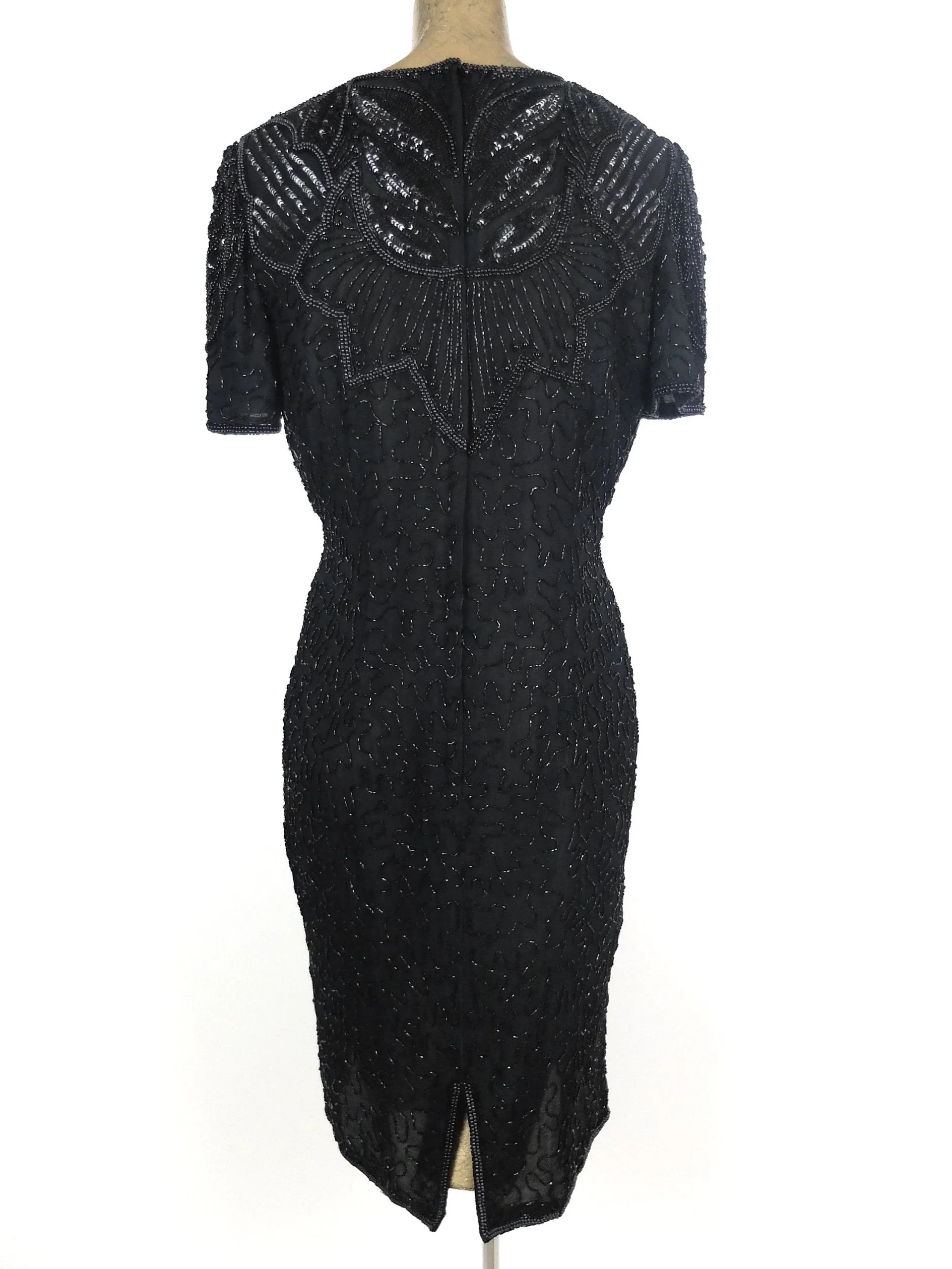 80s Black Intricate Abstract Formal Beaded Sequin Fitted Dress