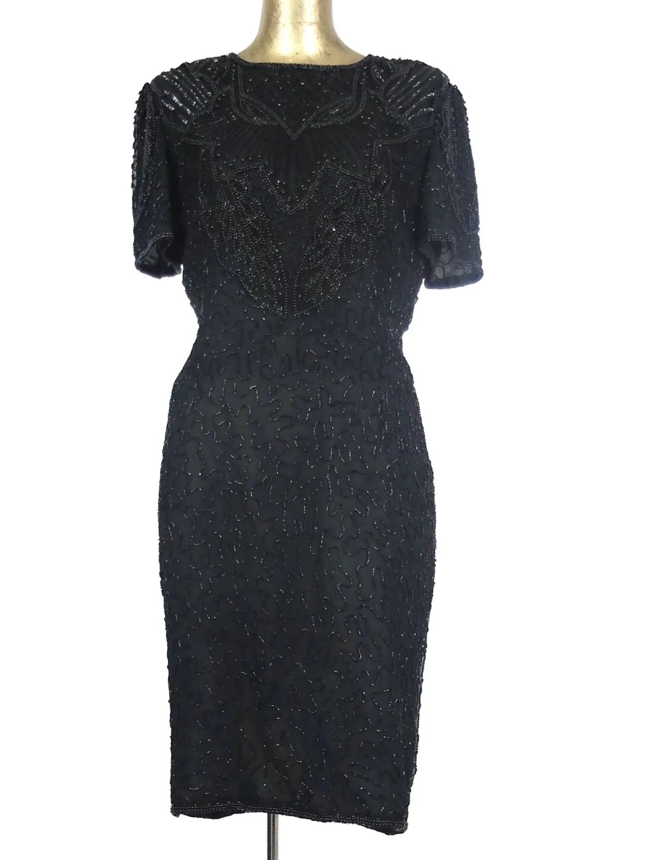 80s Black Intricate Abstract Formal Beaded Sequin Fitted Dress