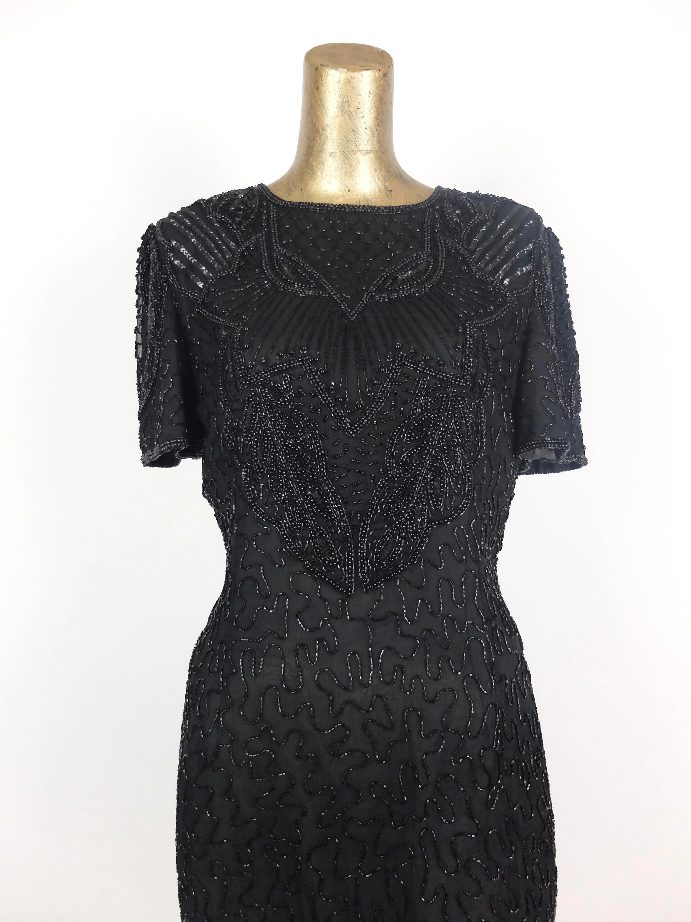 80s Black Intricate Abstract Formal Beaded Sequin Fitted Dress