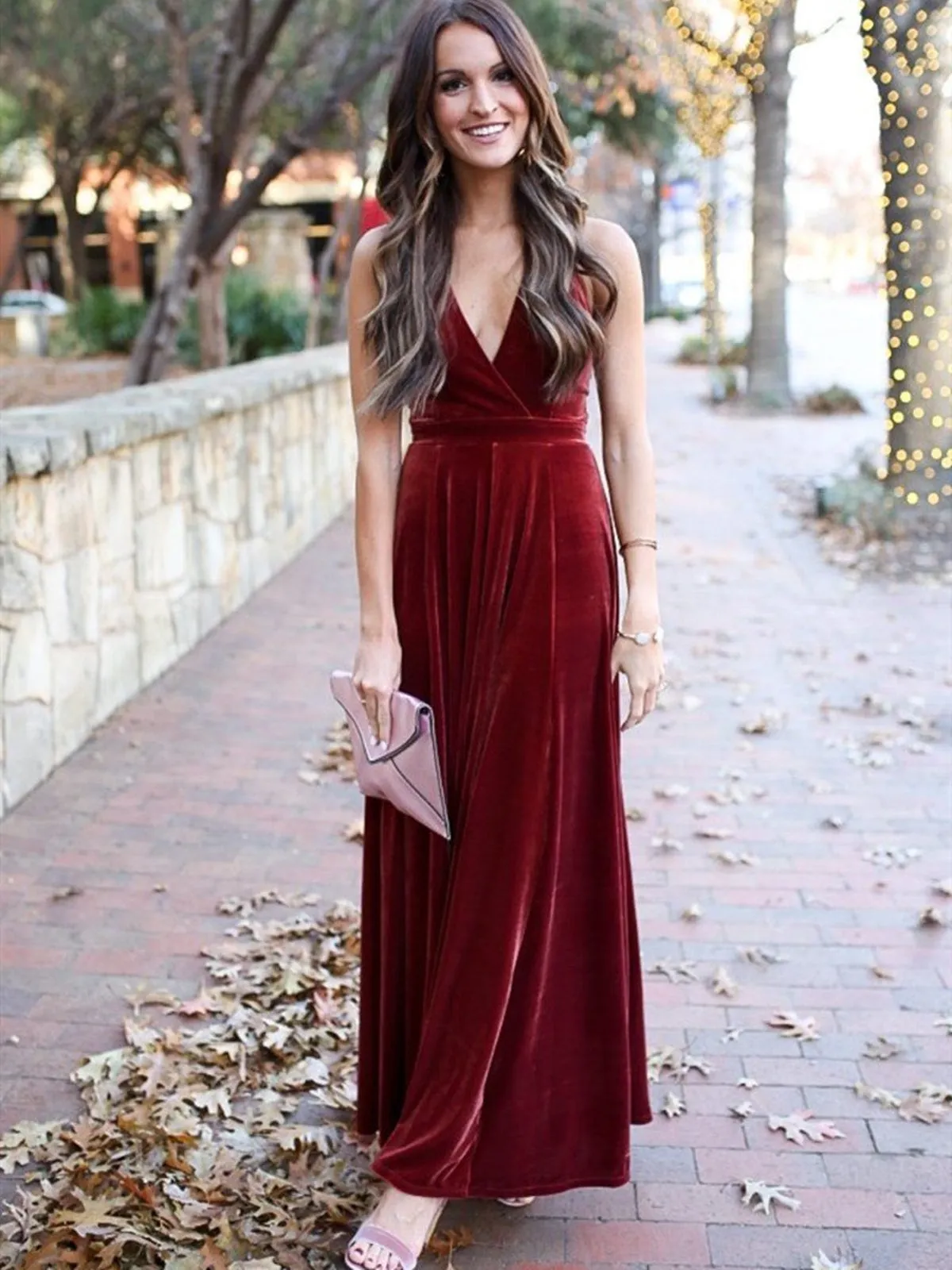 A Line Halter V Neck Backless Ankle Length Burgundy Prom, Backless Wine Red Velet Formal, Maroon Evening