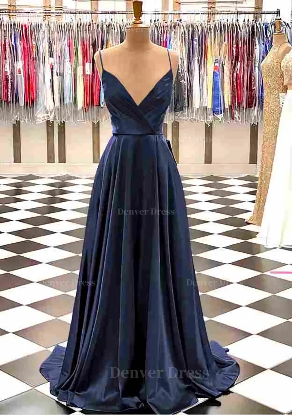 A-line V Neck Spaghetti Straps Sweep Train Charmeuse Prom Dress With Pleated