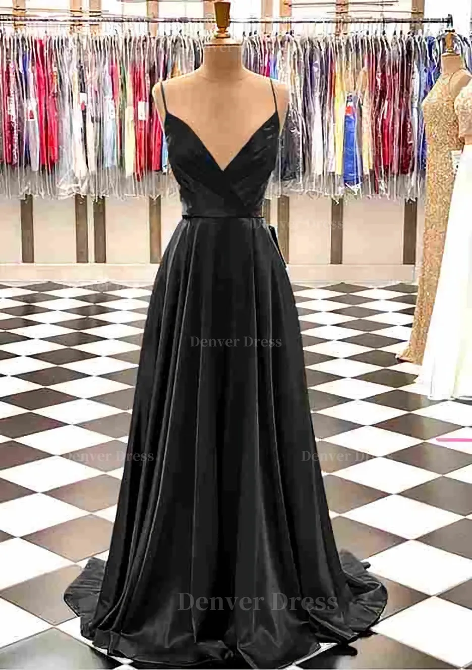 A-line V Neck Spaghetti Straps Sweep Train Charmeuse Prom Dress With Pleated