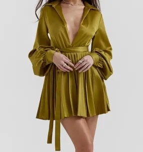 A&A Satin Pleated Olive Shirt Dress