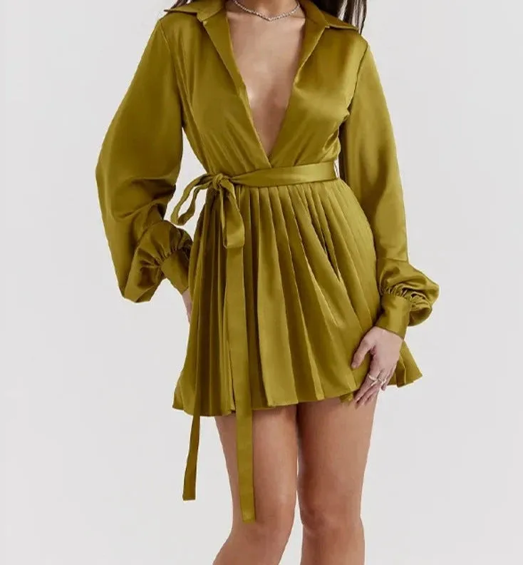 A&A Satin Pleated Olive Shirt Dress