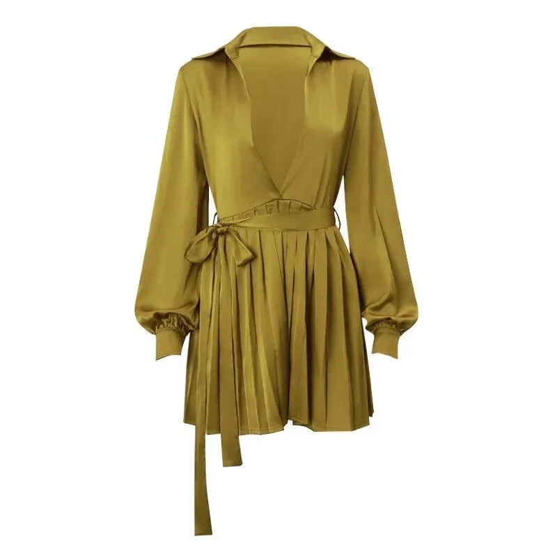 A&A Satin Pleated Olive Shirt Dress