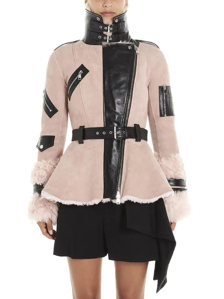 Alexander McQueen Belted Shearling Trim Biker Jacket