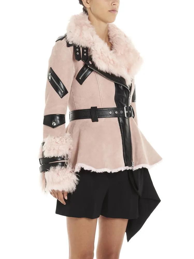 Alexander McQueen Belted Shearling Trim Biker Jacket