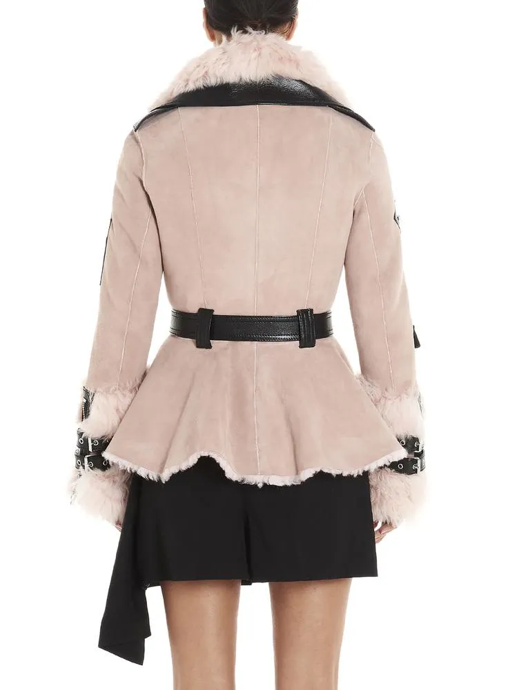 Alexander McQueen Belted Shearling Trim Biker Jacket