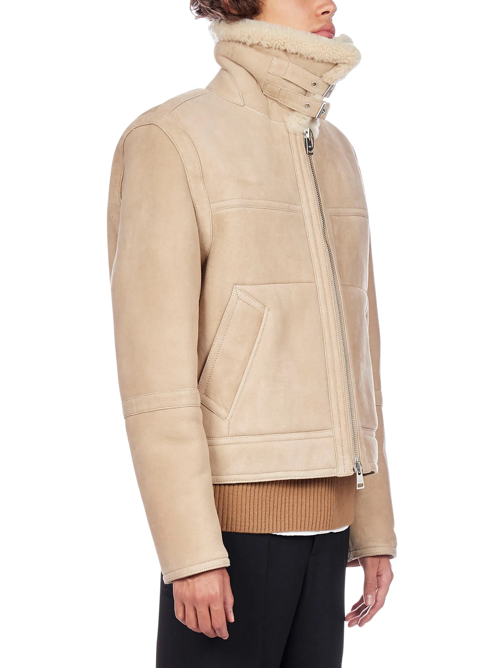 AMI Front-Zip Shearling Collar Jacket