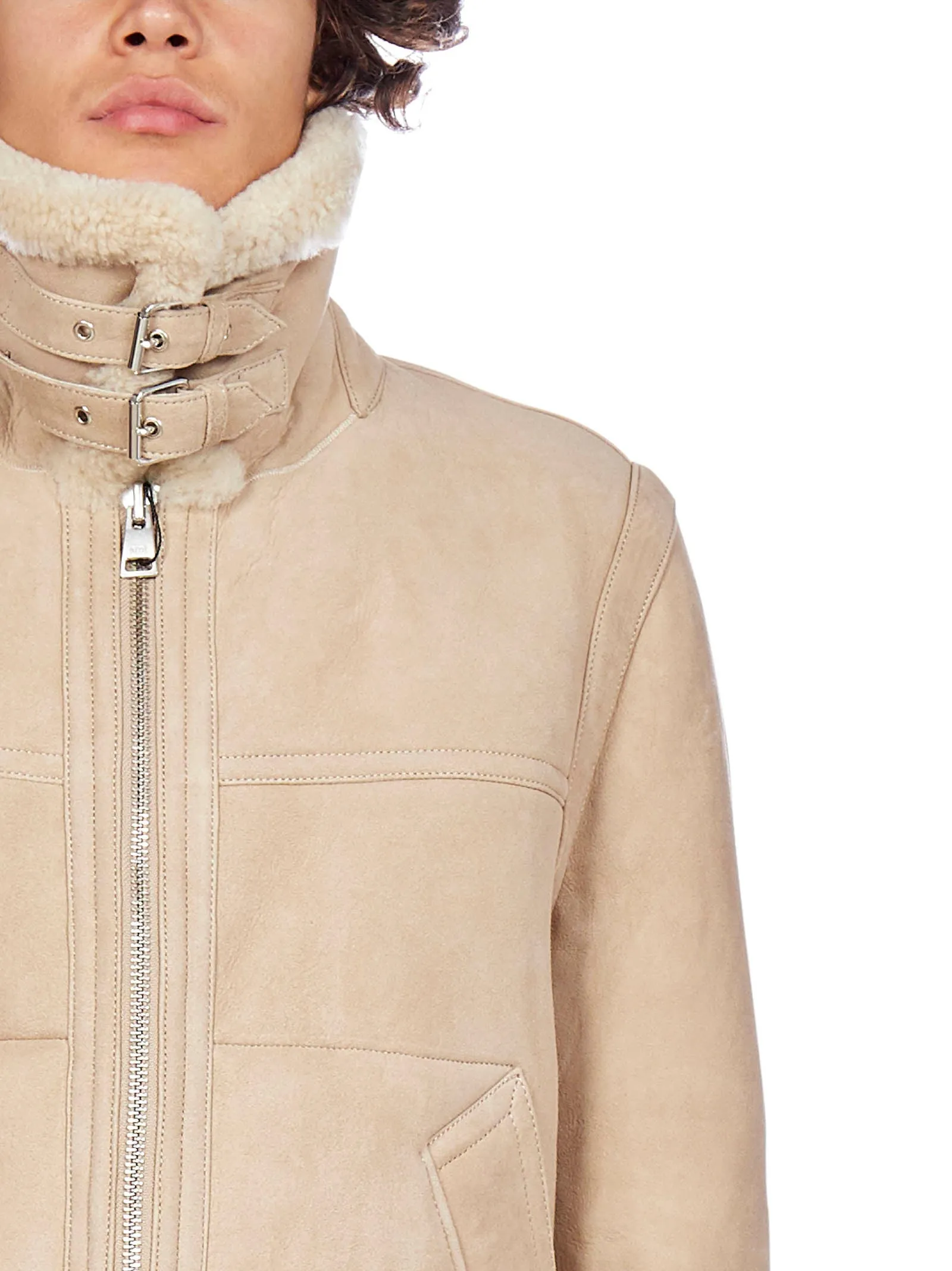 AMI Front-Zip Shearling Collar Jacket