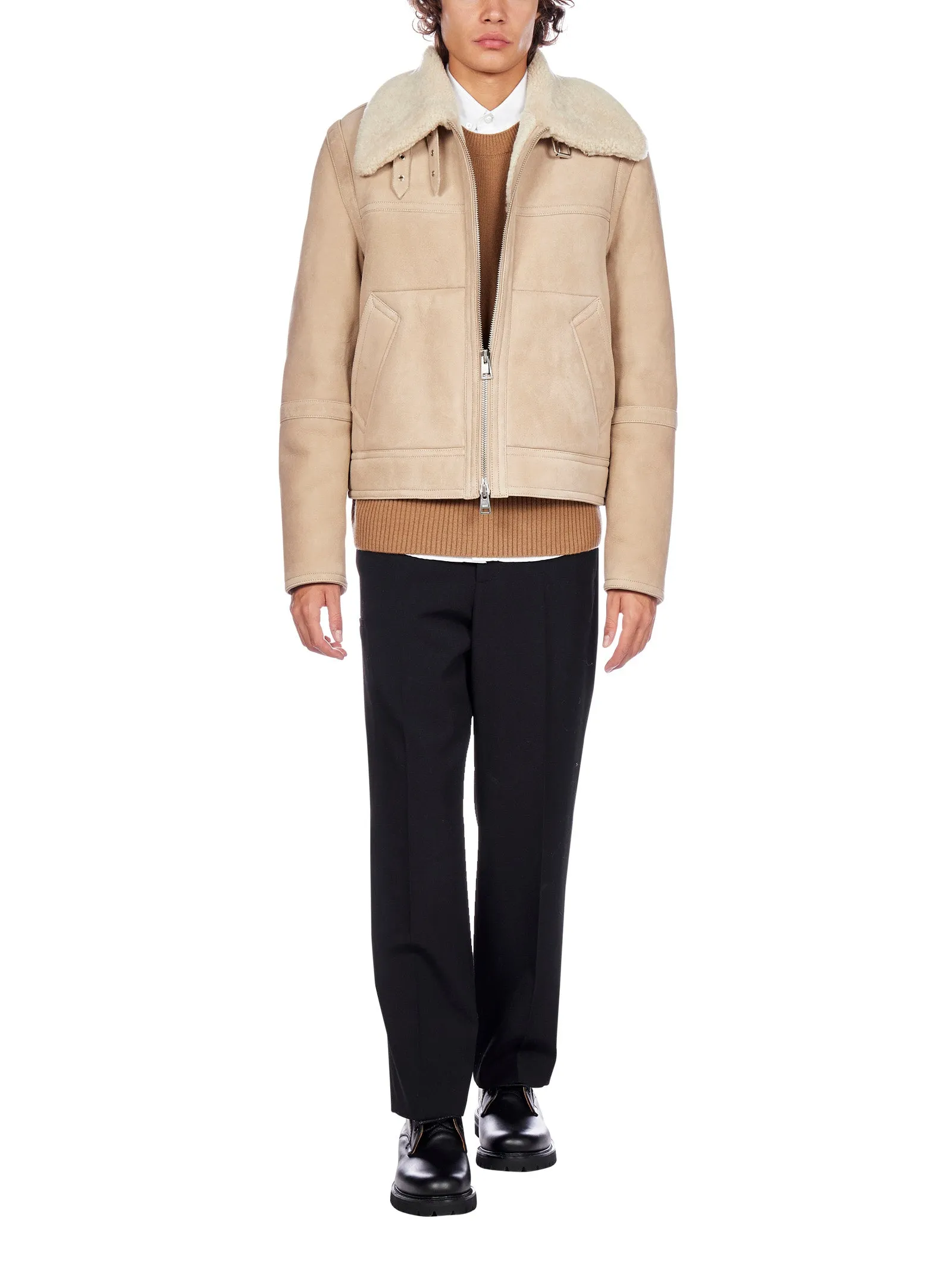 AMI Front-Zip Shearling Collar Jacket