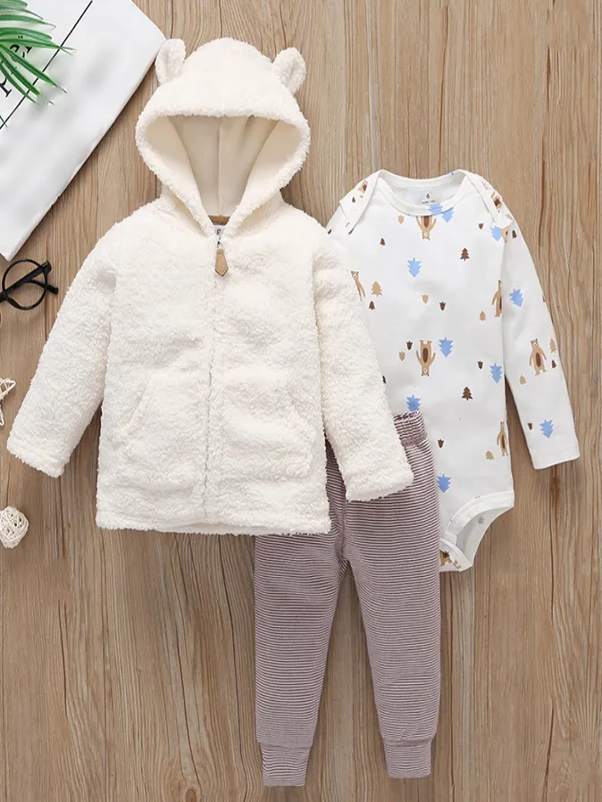 Baby Comfy Autumn Bear Hooded Jacket, Onesie, And Legging Set