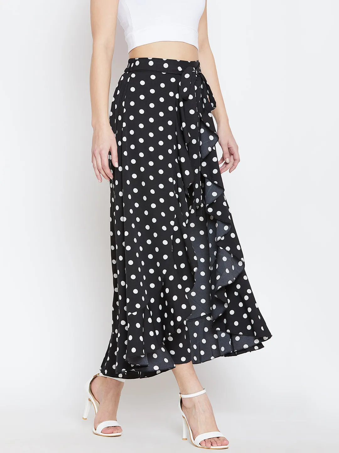 Berrylush Women Black & White Polka Dot Printed Drawstring Thigh-High Slit Ruffled Maxi Skirt with Attached Palazzo