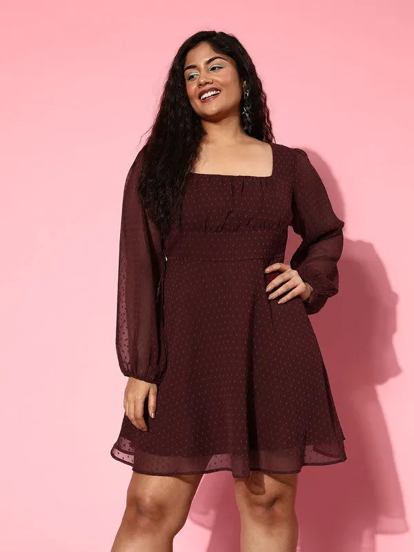 Berrylush Women Plus Size Solid Maroon Dobby Weave Square Neck Chiffon Pleated Fit & Flare Mini Dress