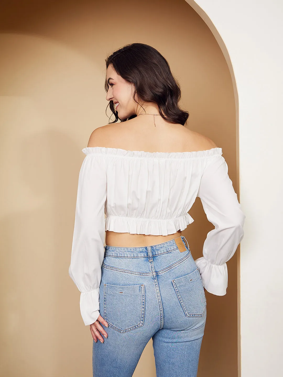 Berrylush Women Solid White Off-Shoulder Neck Bishop Sleeves Crepe Pleated Crop Bardot Top