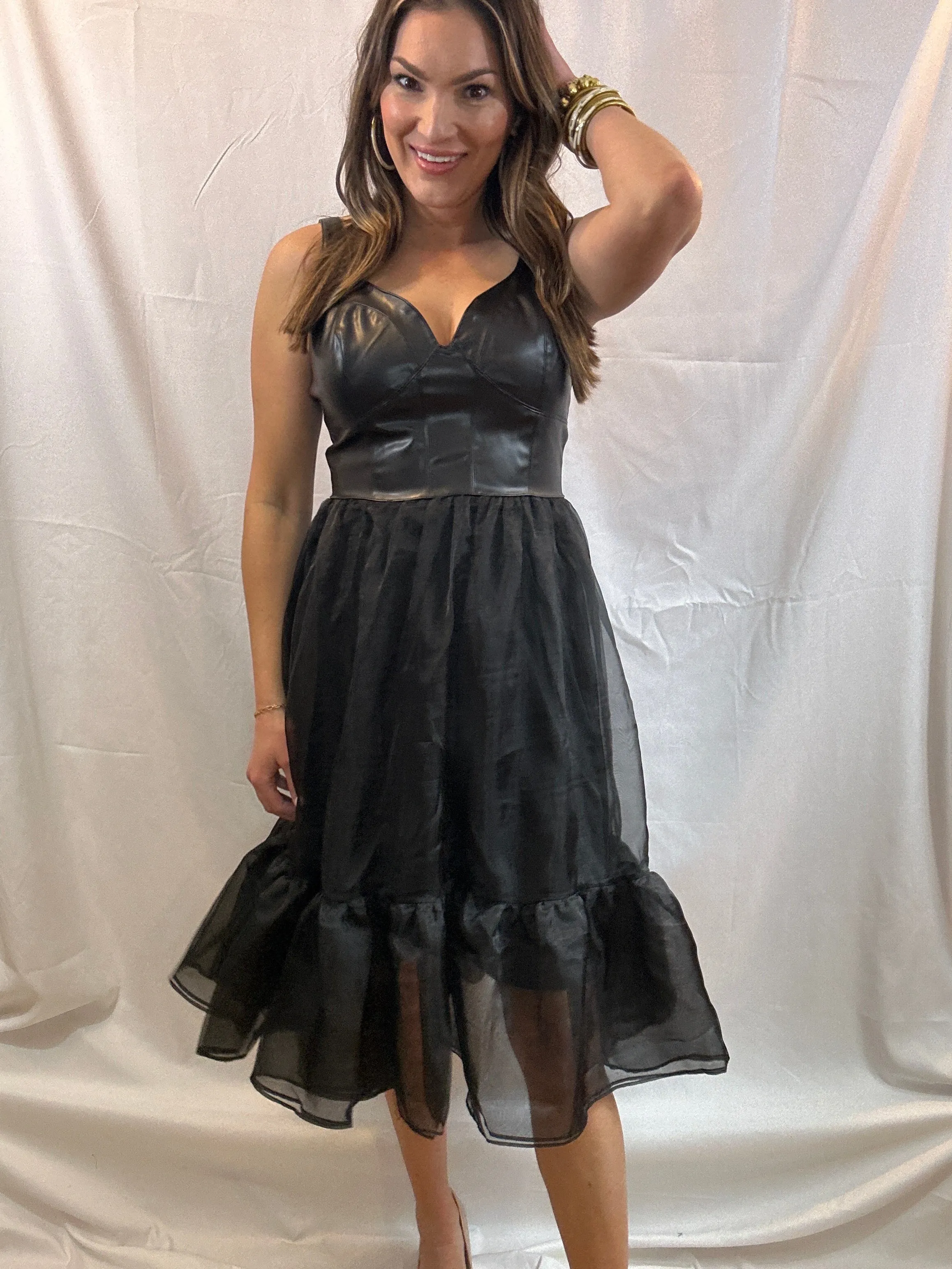 Black Faux Leather/Ruffle Midi Dress