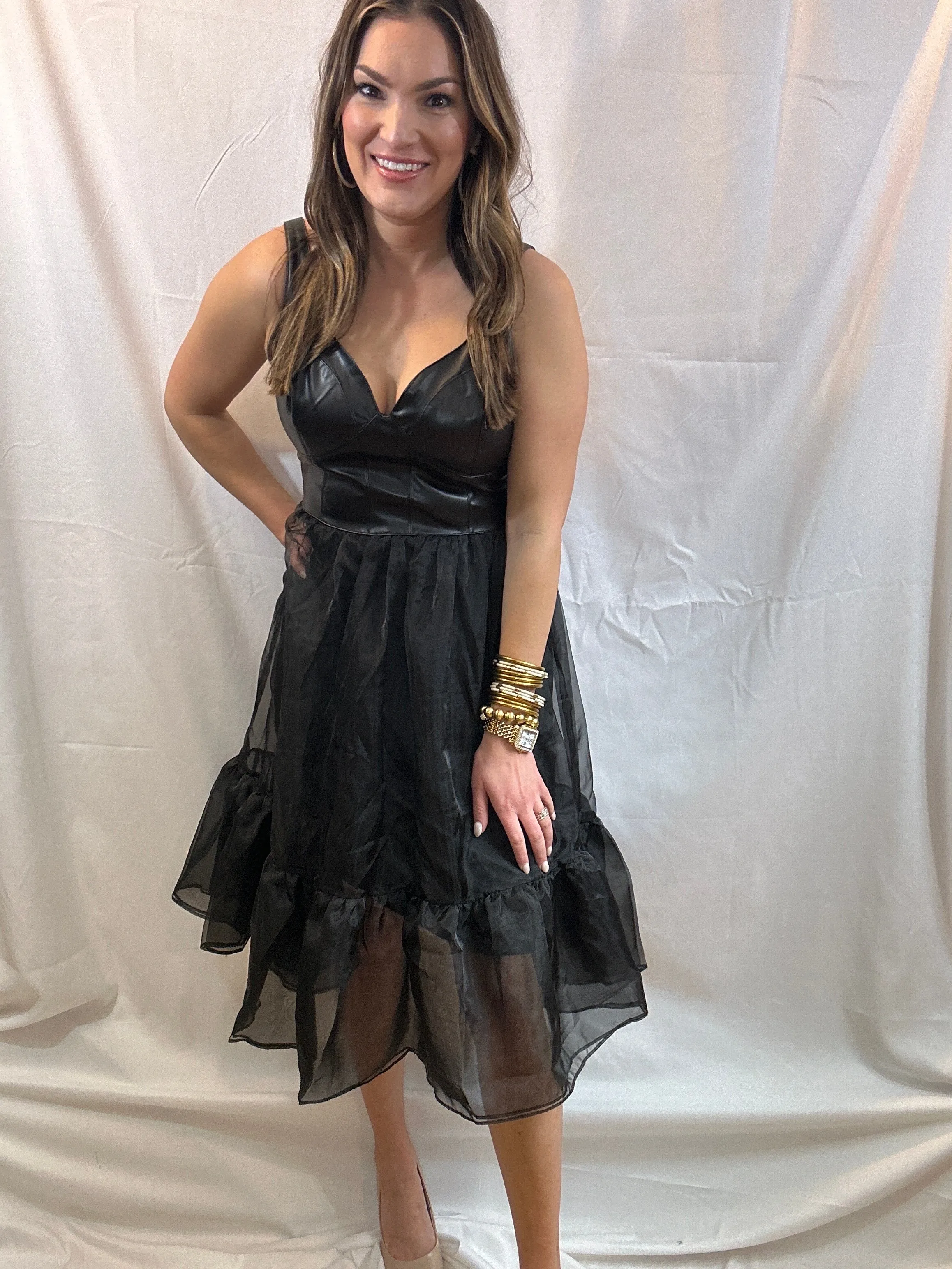 Black Faux Leather/Ruffle Midi Dress