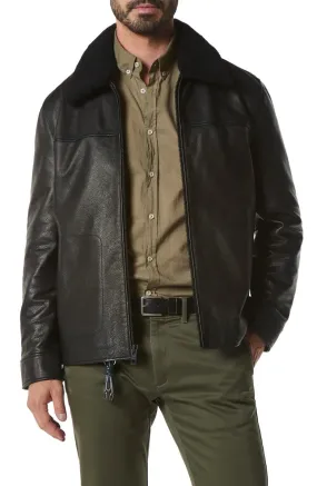 Black Genuine Leather Shearling Collar Jacket