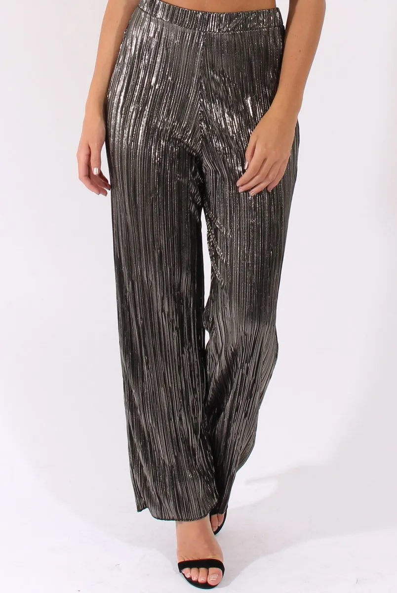 Black Metallic Shimmer Pleated High Waisted Trousers - Phoebe