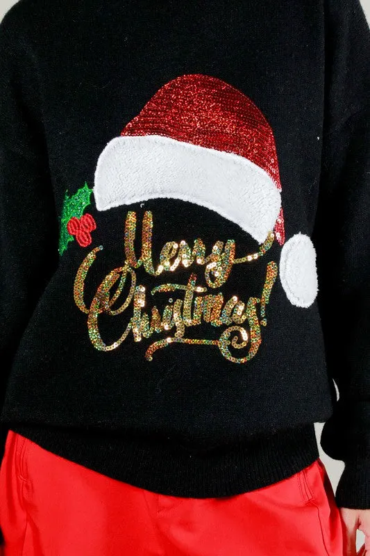 Black Santa Sequin Detail Sweater Top