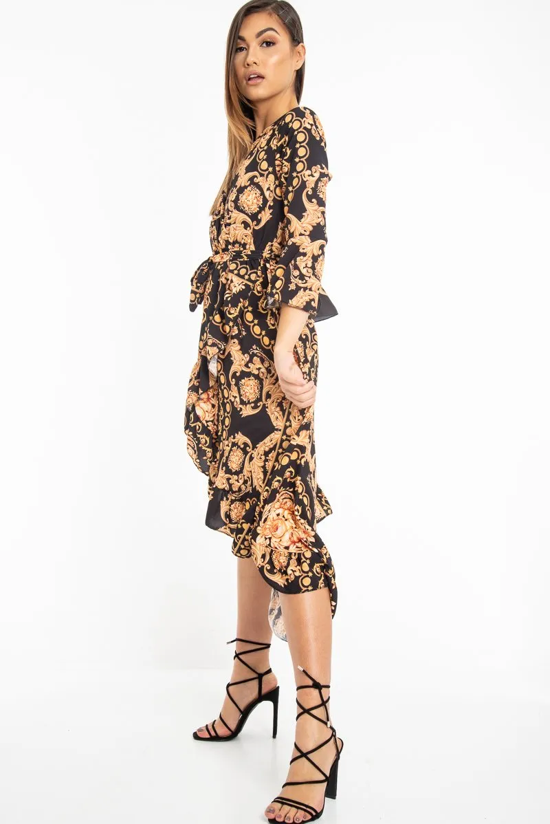 Black Scarf Print Wrap Jersey Dress - Mysha