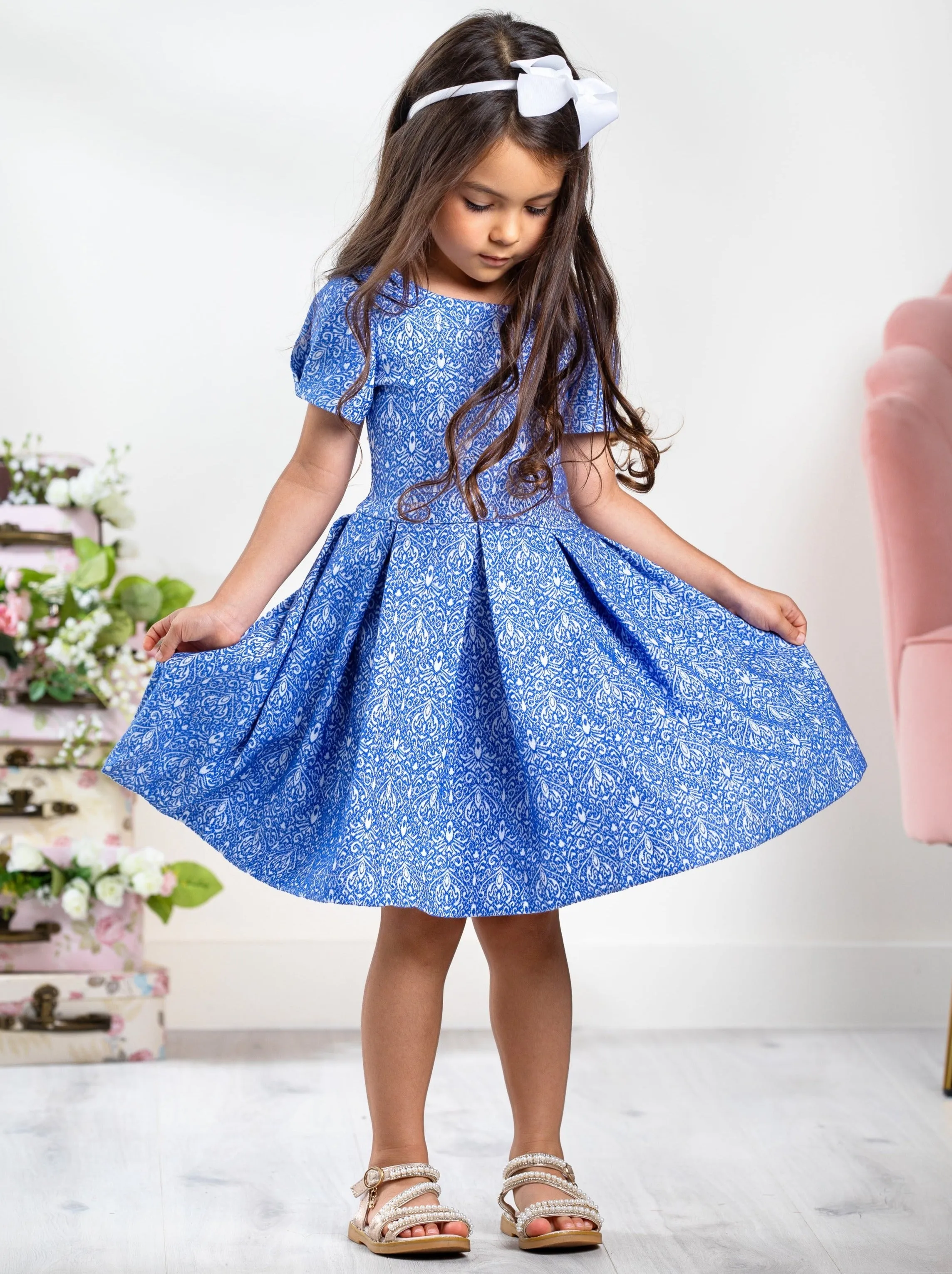 Blue Brocade Pleated Midi Dress by Kids Couture