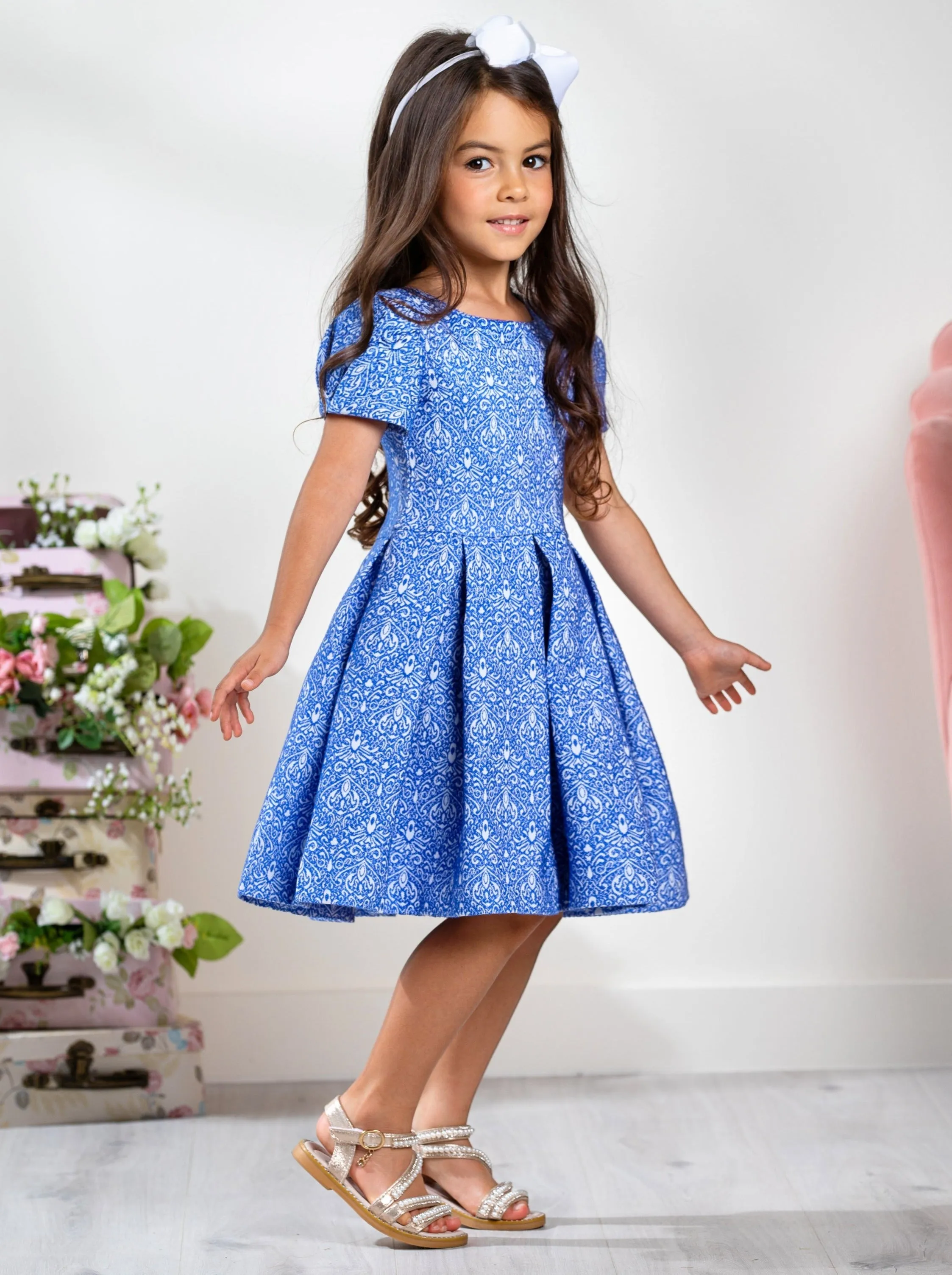 Blue Brocade Pleated Midi Dress by Kids Couture