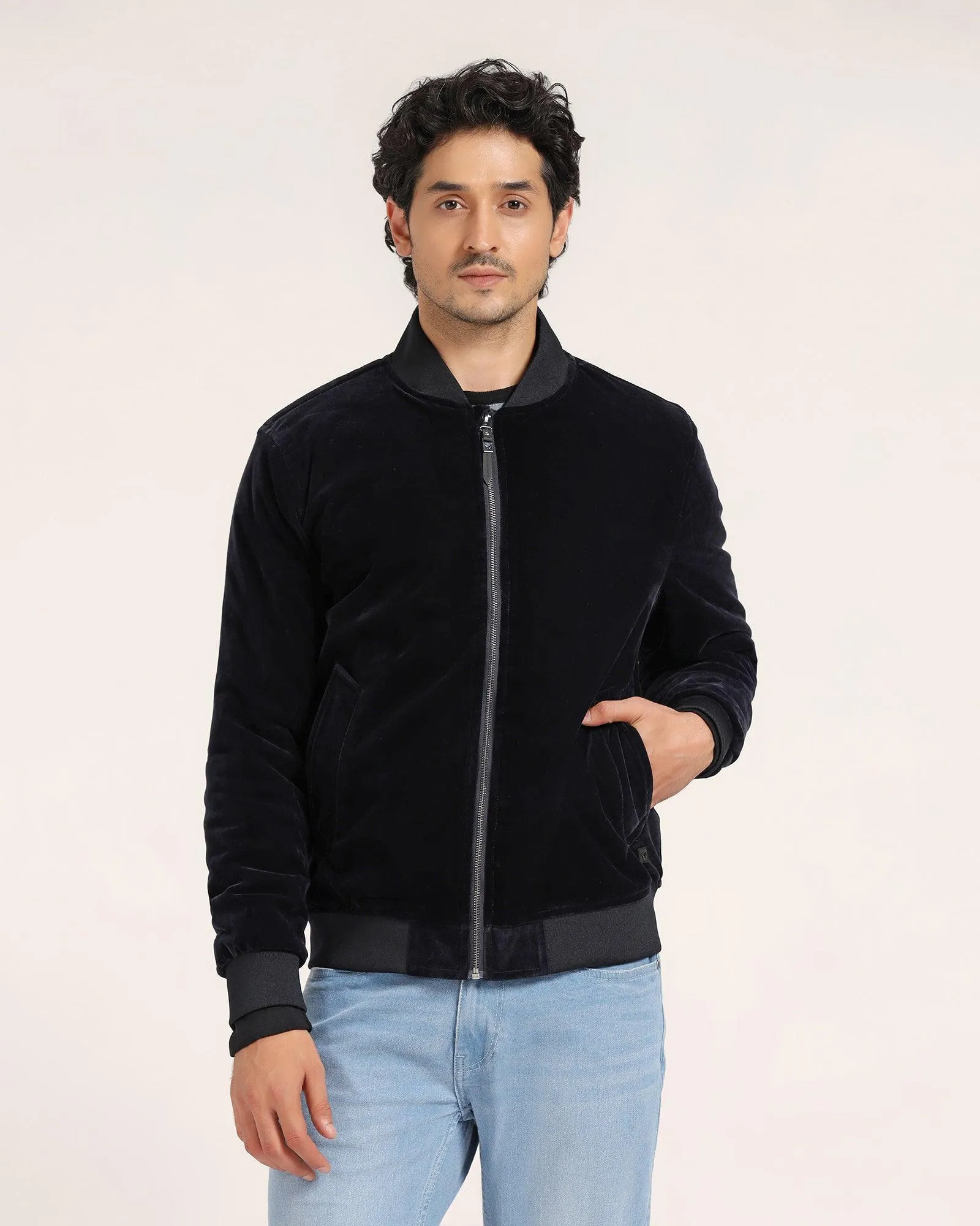 Blue Solid Zipper Jacket - Adan