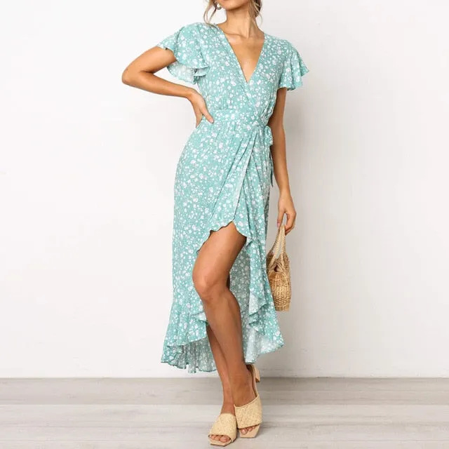 Boho Floral Print Beach Summer Long Sexy High Slit V-Neck Wrap Bodycon Party Maxi Ruffle Robe Split Dress