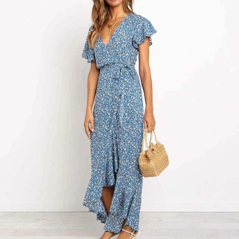 Boho Floral Print Beach Summer Long Sexy High Slit V-Neck Wrap Bodycon Party Maxi Ruffle Robe Split Dress