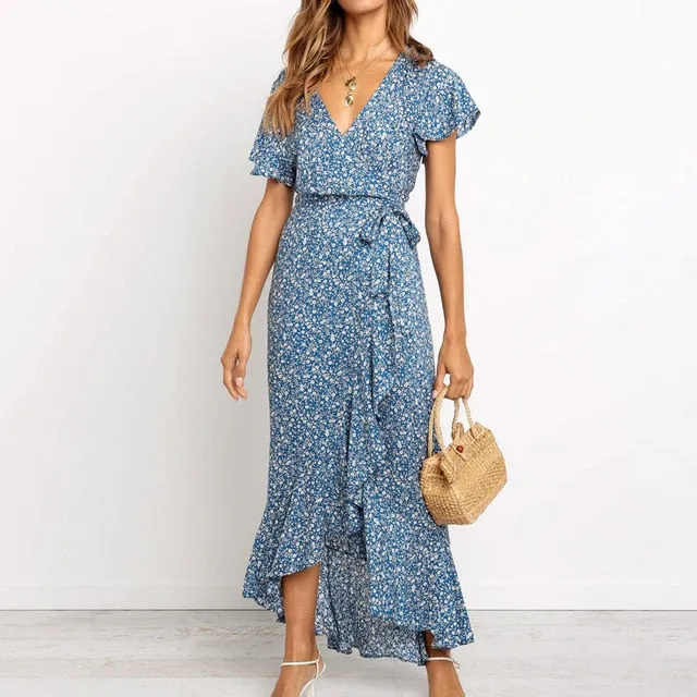 Boho Floral Print Beach Summer Long Sexy High Slit V-Neck Wrap Bodycon Party Maxi Ruffle Robe Split Dress