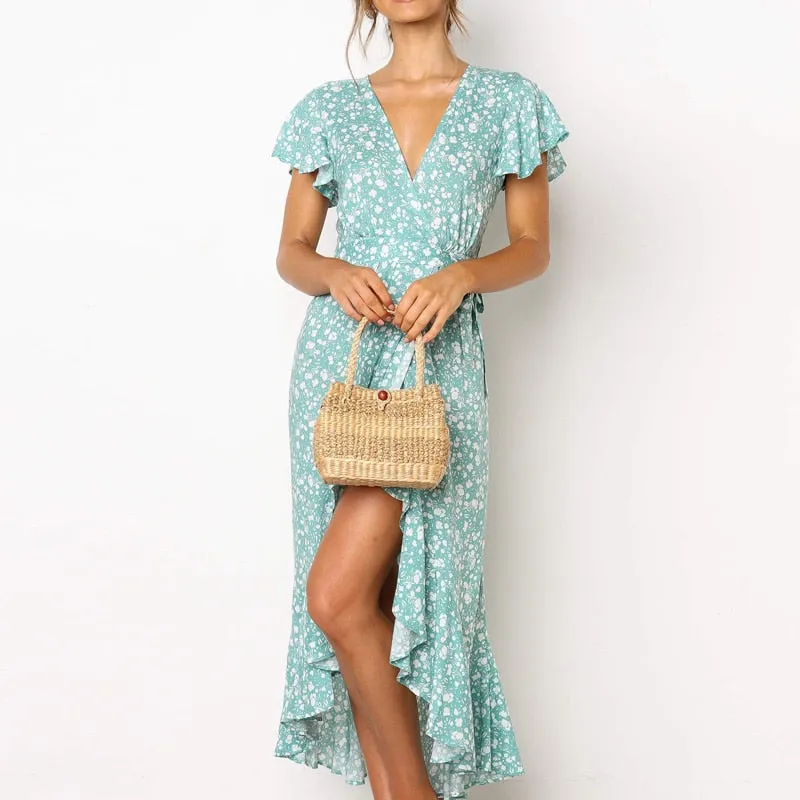 Boho Floral Print Beach Summer Long Sexy High Slit V-Neck Wrap Bodycon Party Maxi Ruffle Robe Split Dress