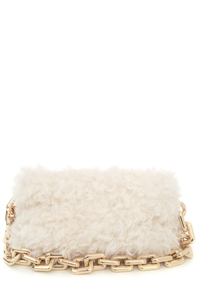 Bottega Veneta Ivory Shearling Chain Pouch Handbag