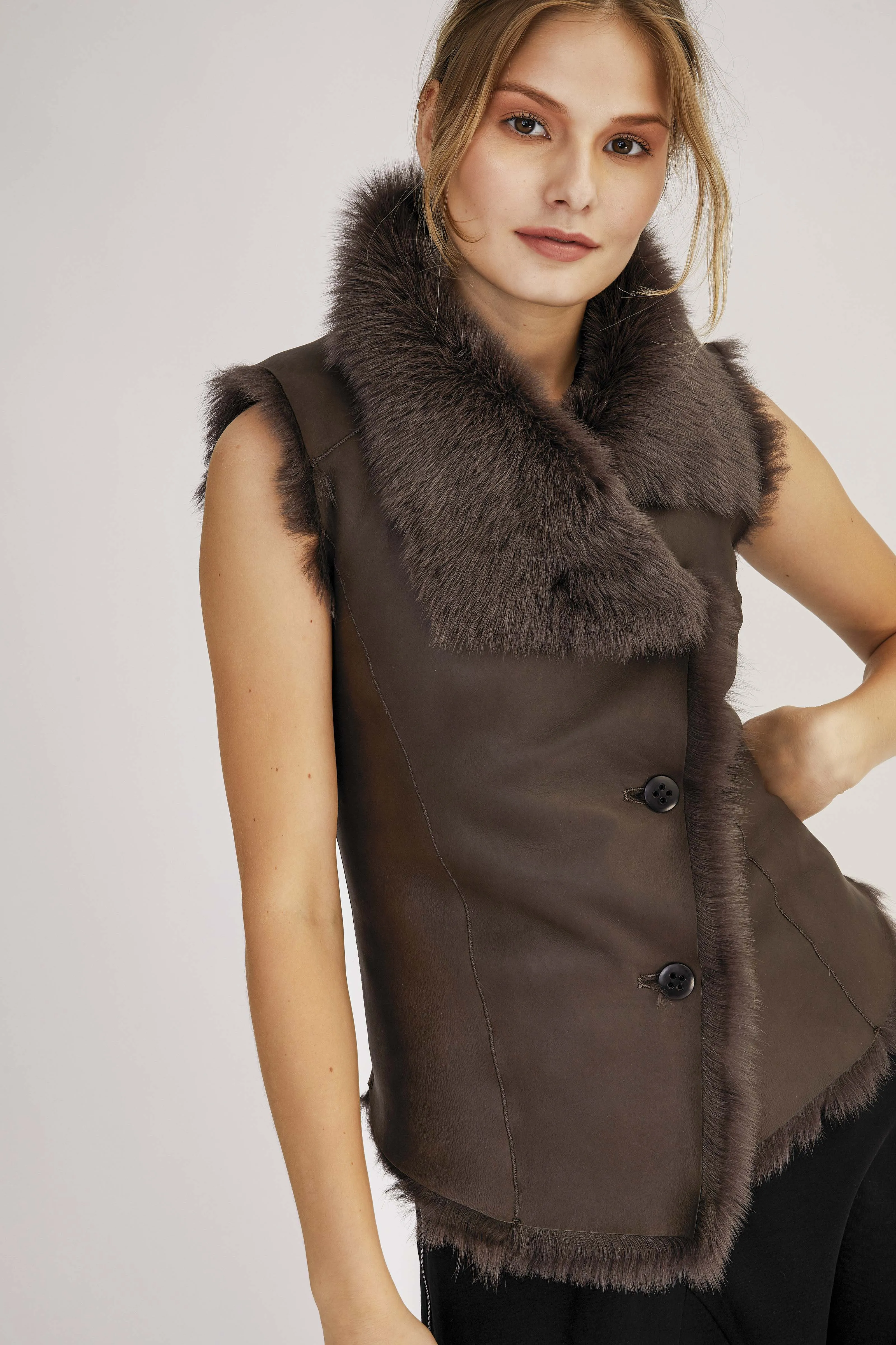 Brown Anthracite Shearling Vest