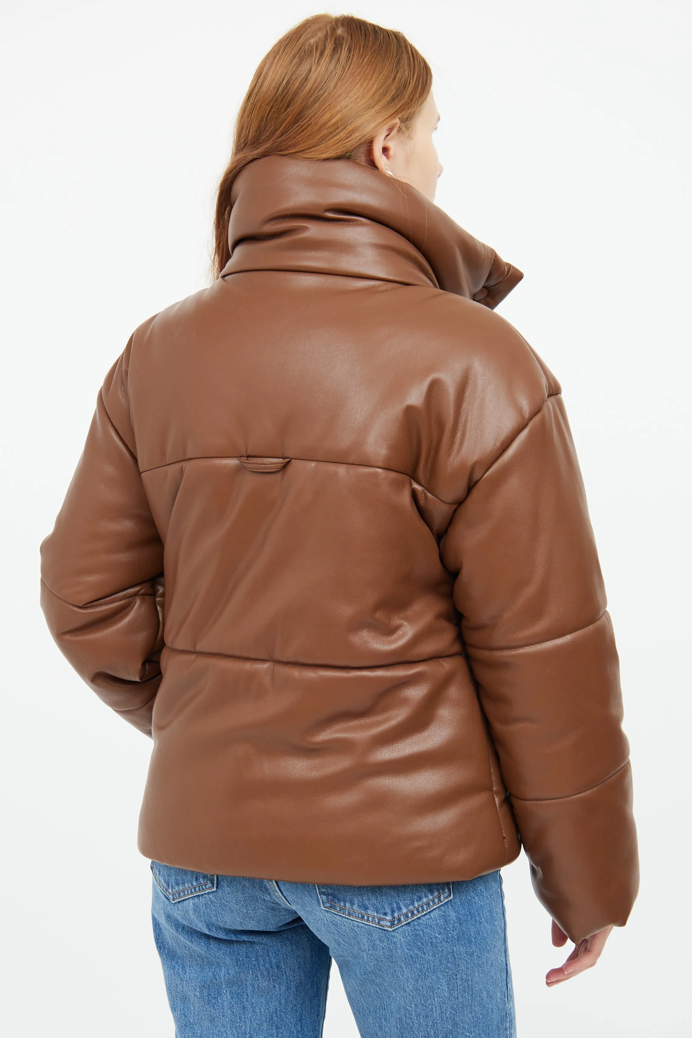 Brown Vegan Leather Puffer Jacket