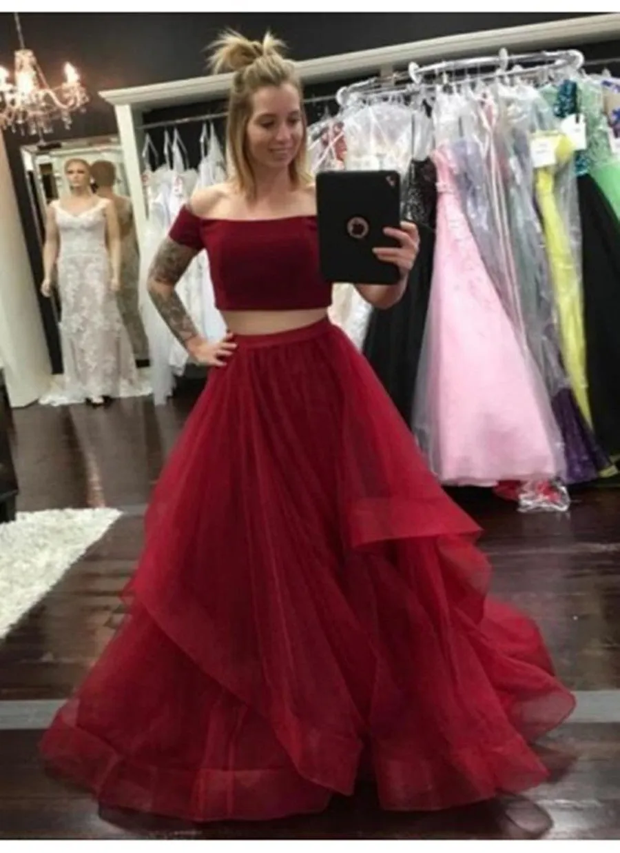 Burgundy Off Shoulder 2 Pieces Tulle Long Prom, Burgundy Off Shoulder Graduation, Formal, Evening