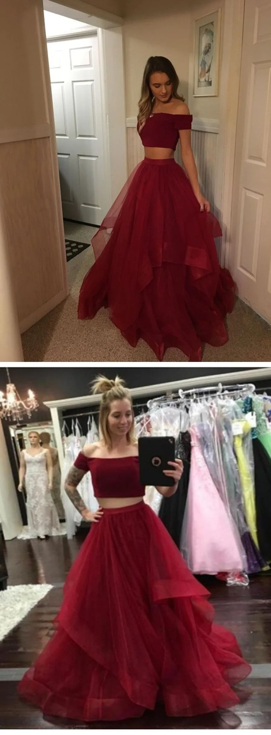 Burgundy Off Shoulder 2 Pieces Tulle Long Prom, Burgundy Off Shoulder Graduation, Formal, Evening