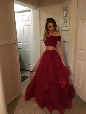 Burgundy Off Shoulder 2 Pieces Tulle Long Prom, Burgundy Off Shoulder Graduation, Formal, Evening