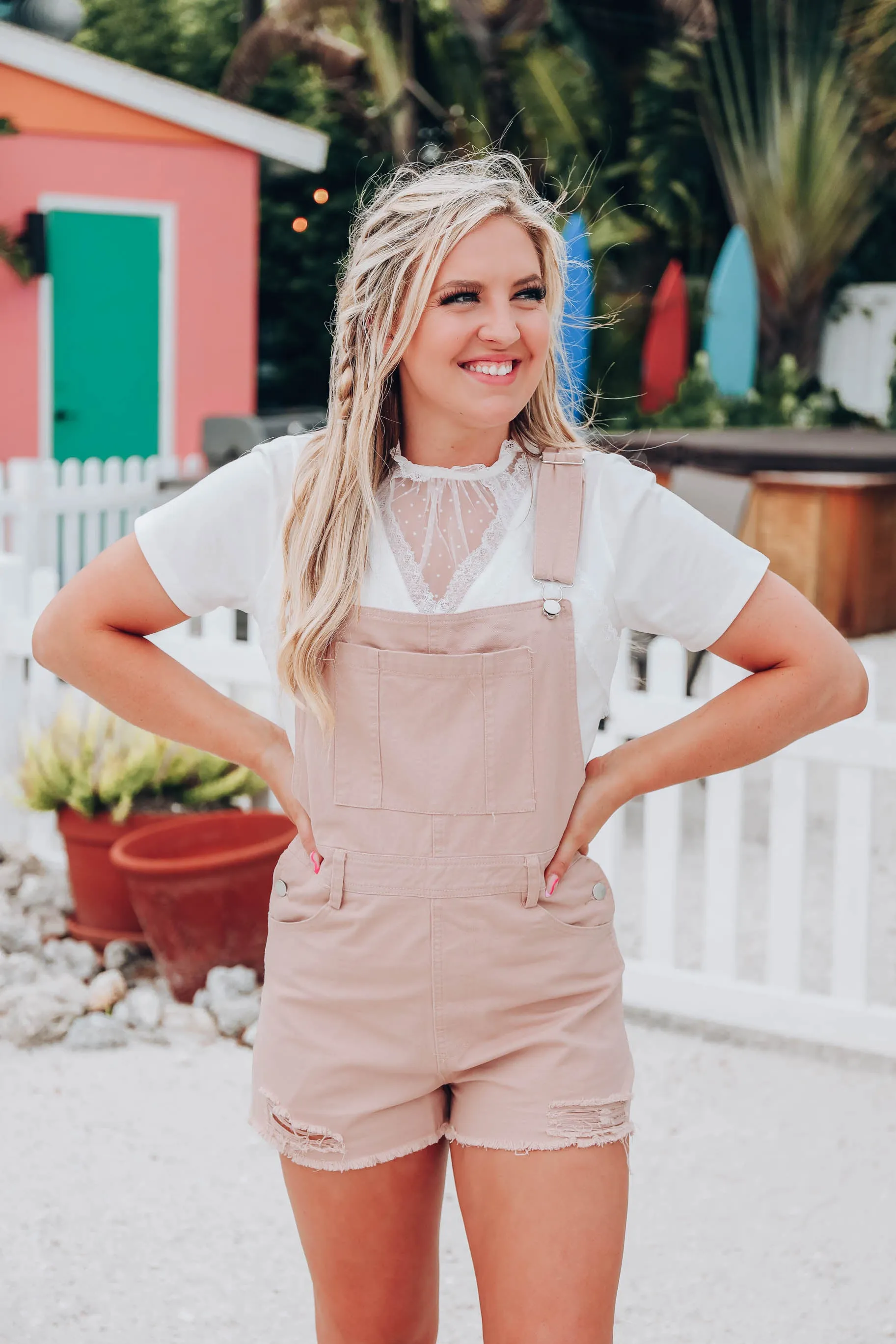 Caroline Denim Overall Shorts - Blush