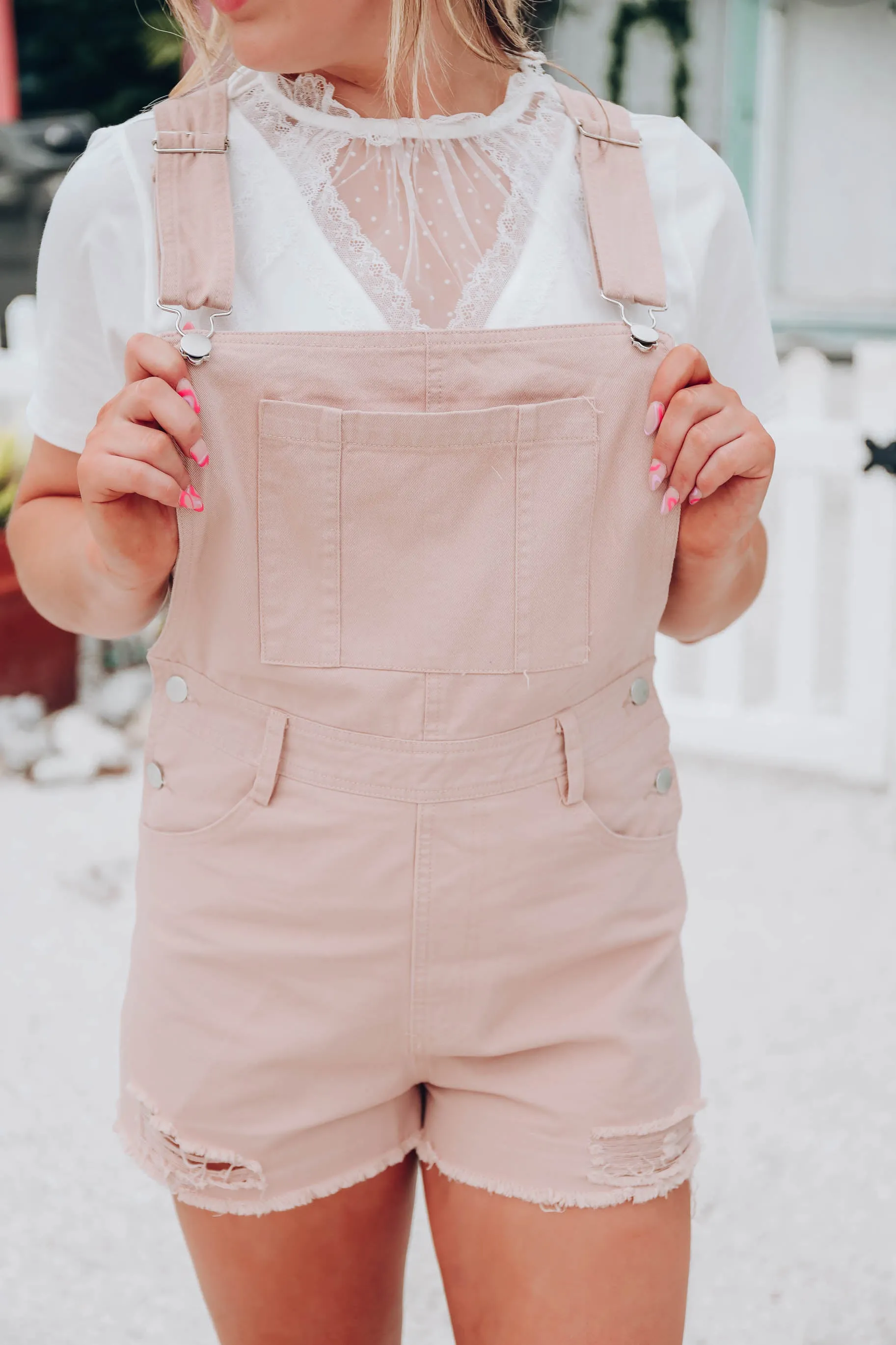 Caroline Denim Overall Shorts - Blush