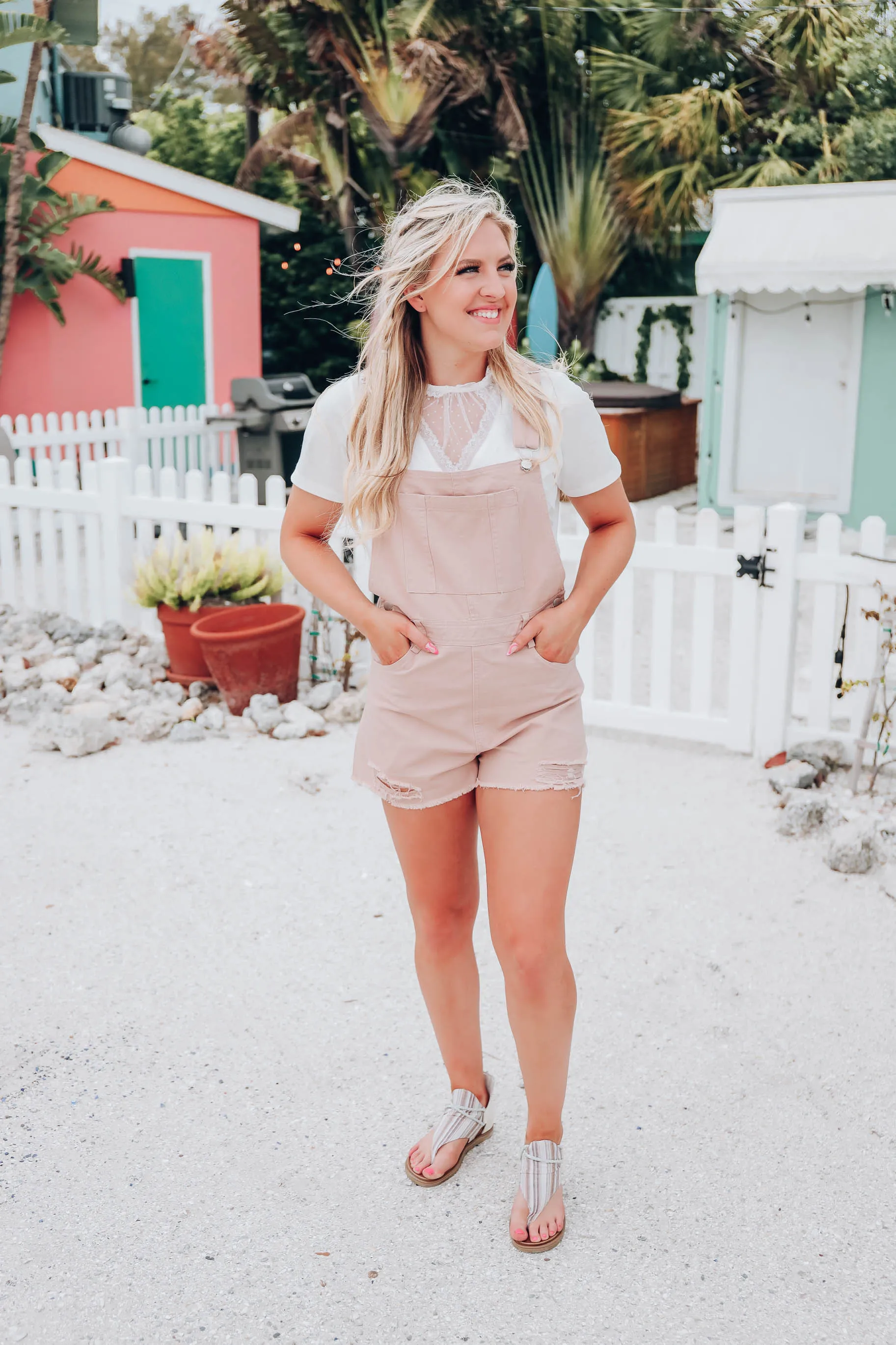 Caroline Denim Overall Shorts - Blush